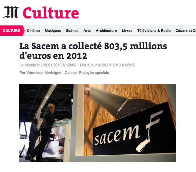 , [Le Monde] La Sacem a collecté 803,5 millions d&#8217;euros en 2012