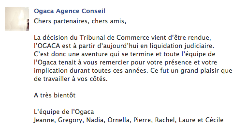 , l&#8217;OGACA, agence conseil des entreprises culturelles à Strasbourg annonce sa liquidation judiciare